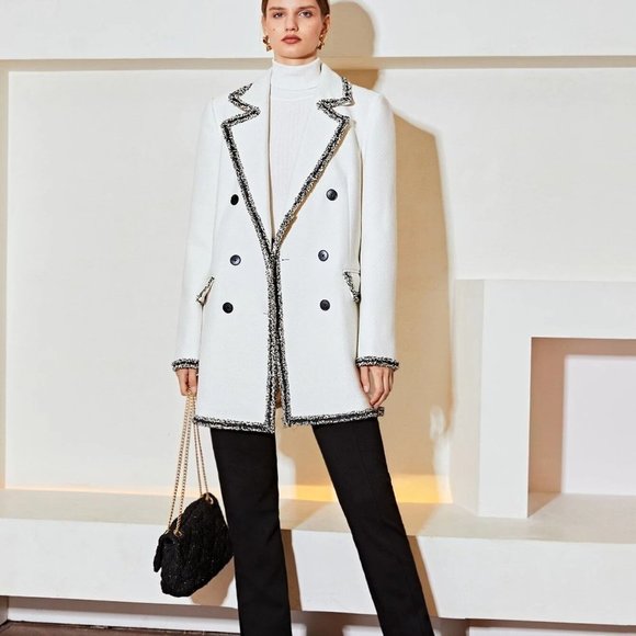 WHITE PREPPY WOMENS CONTRAST BINDING OVERSIZED BLAZER - Picture 4 of 5